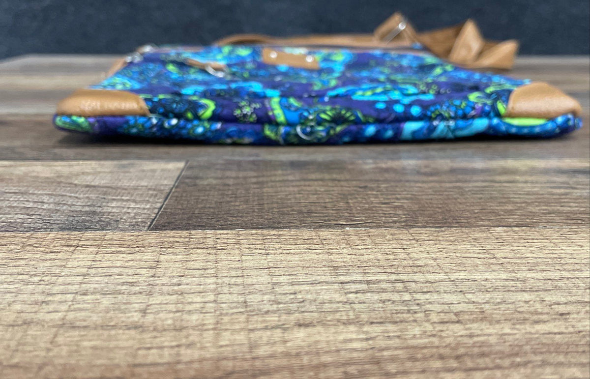 Stone Mountain Blue Paisley Quilted Multi-Zip Crossbody Bag Brown Leather