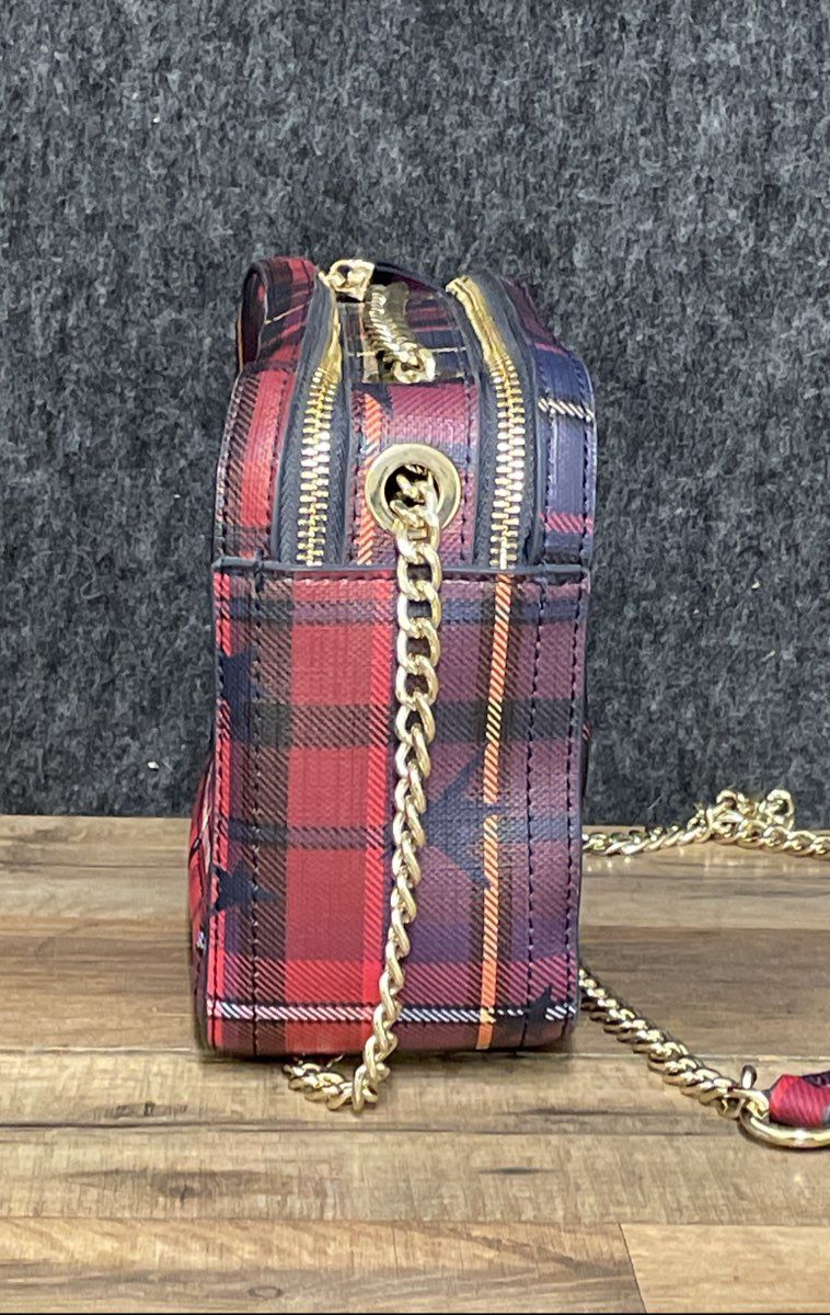 Tommy Hilfiger Red Plaid Stars Double Zip Camera Crossbody Bag Gold Hardware
