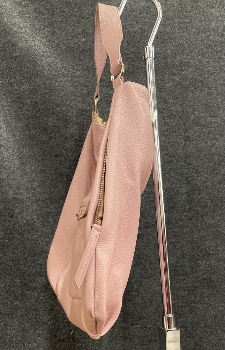Laggo Pink Pebbled Leather Studded Hobo Shoulder Bag Gold Hardware
