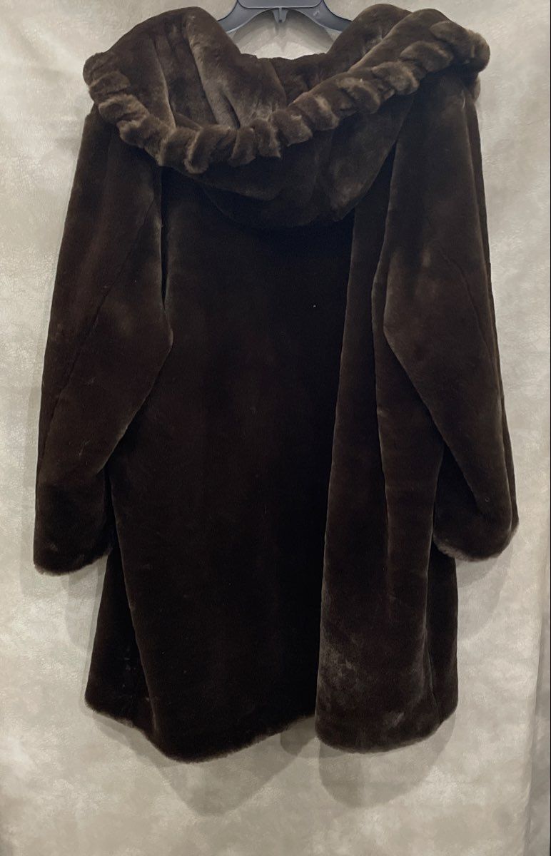 Coldwater Creek Women's Brown Faux Fur Hooded Ruffle Trim Robe Coat Plus Size 2X