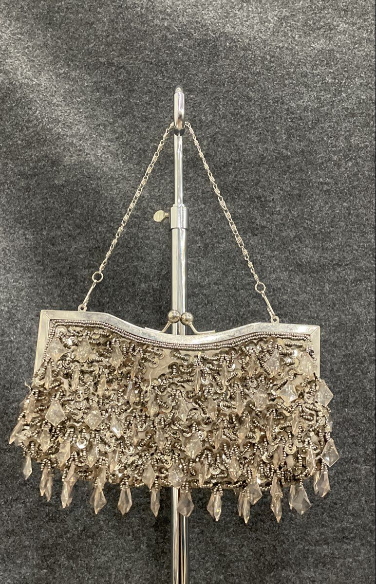 Silver Beaded Sequin Crystal Evening Bag Clutch Silver Tone Chain Strap