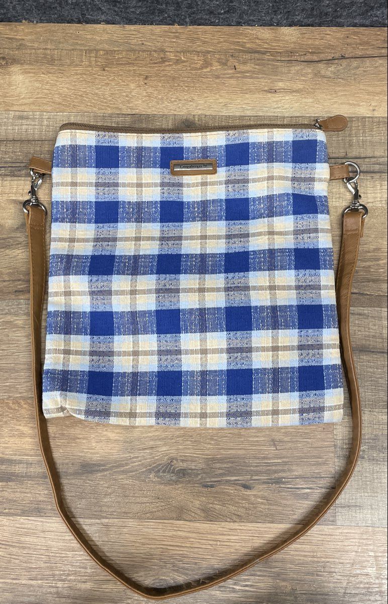 Longaberger Blue White Plaid Checker Canvas Crossbody Bag Silver Hardware