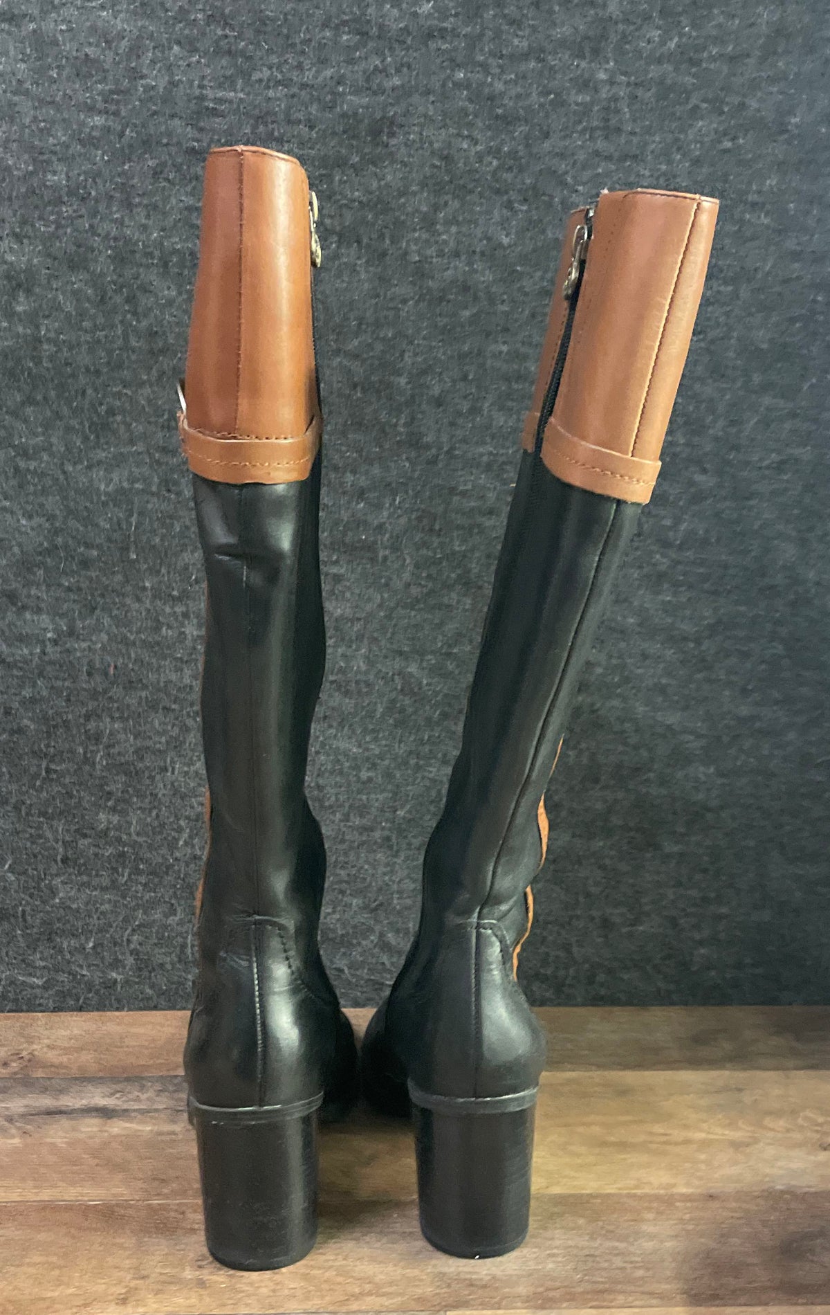 Etienne Aigner Black Brown Two-Tone Leather Tall Riding Boots Women's Size 7.5