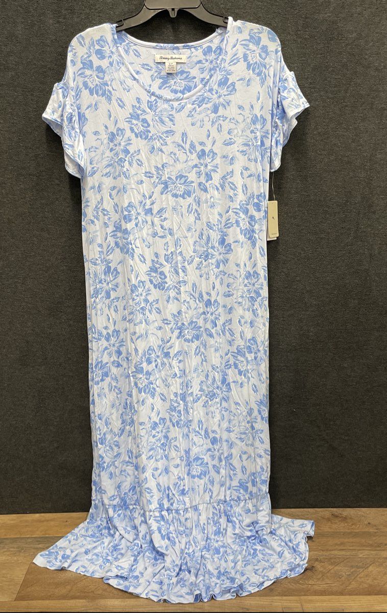 Tommy Bahama Women's Blue White Floral Rayon Spandex Maxi Dress Nightgown Sz S