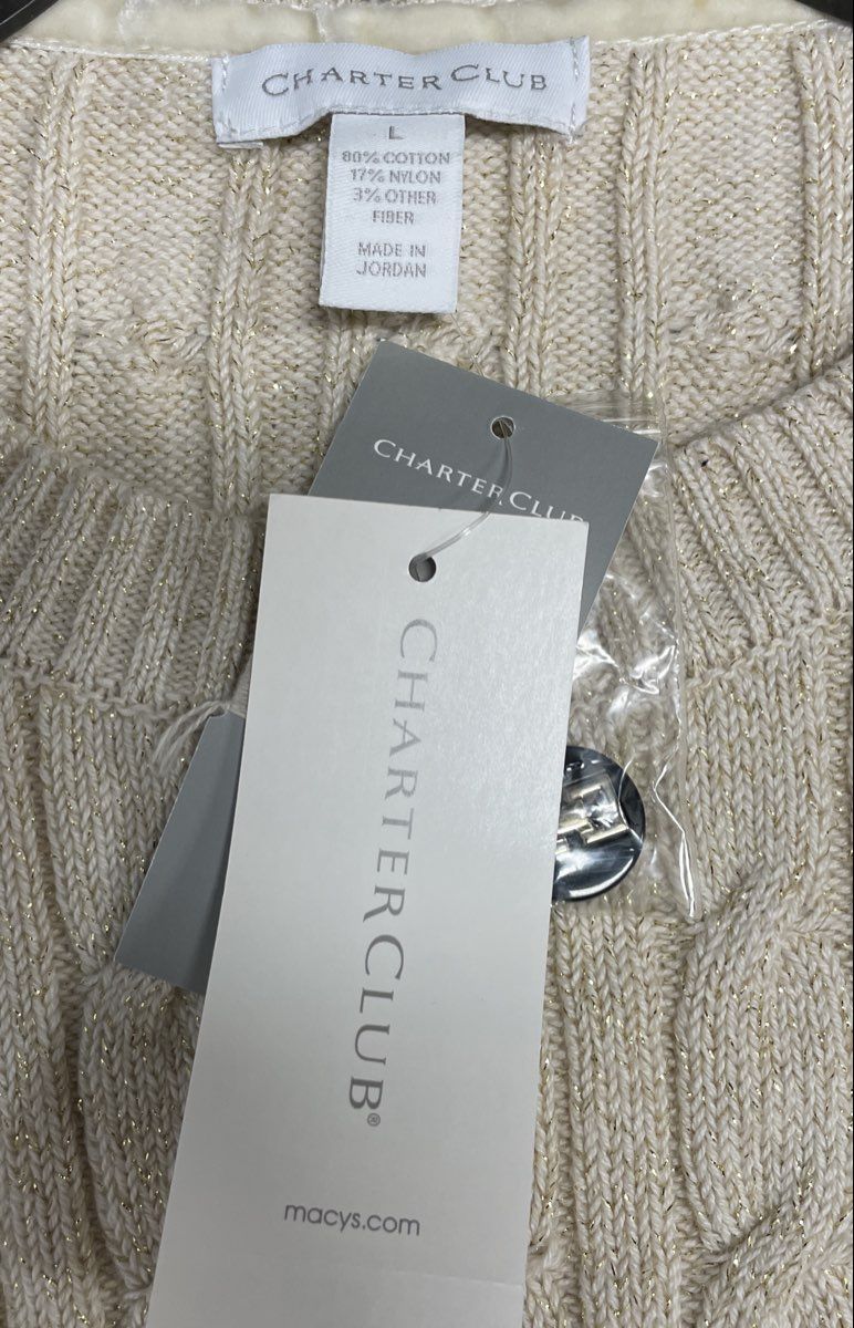 Charter Club Womens Cream Gold Metallic Cable Knit Shoulder Button Sweater L NWT