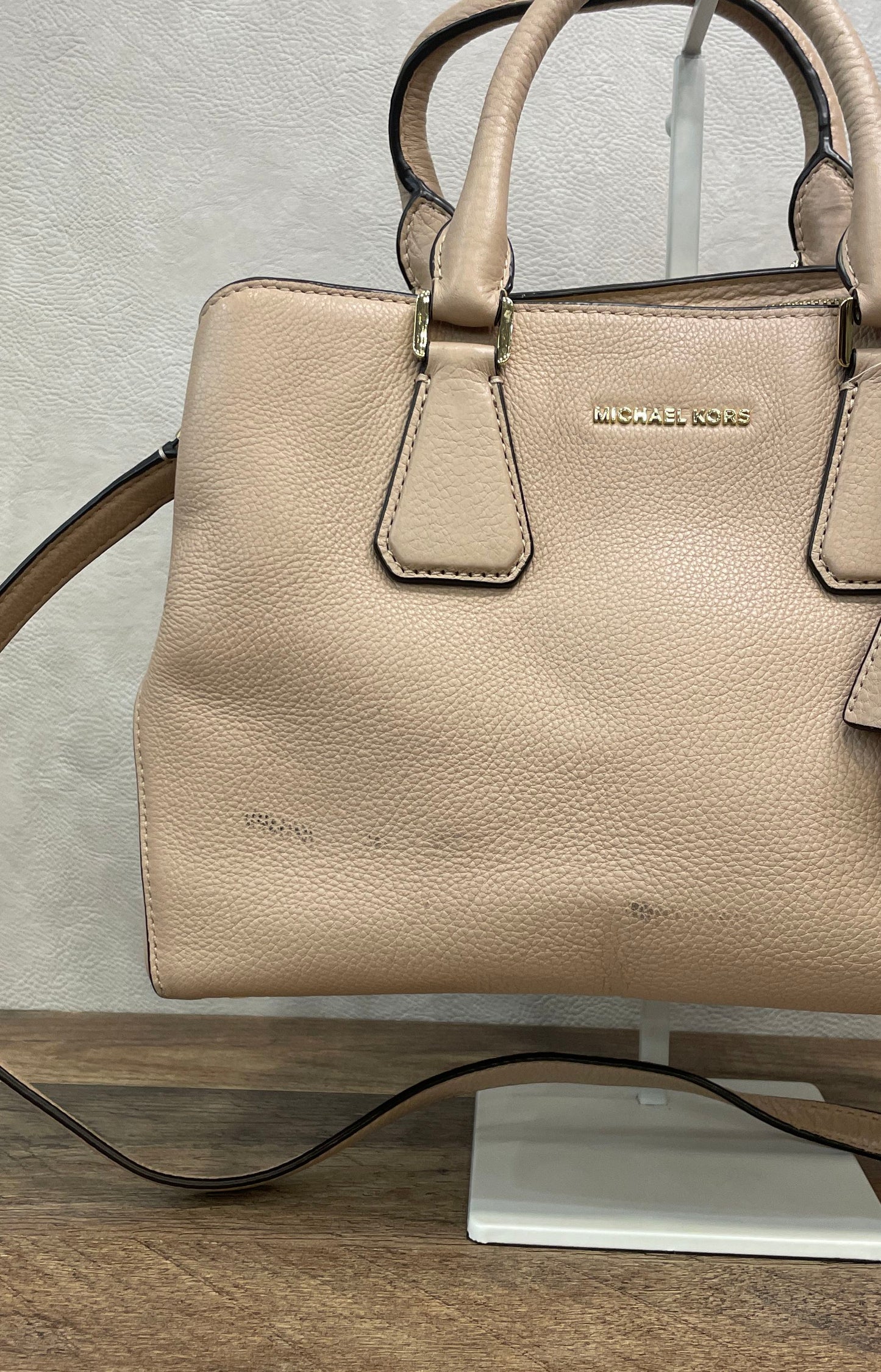 Michael Kors Beige Pebbled Leather Medium Camille Satchel Bag Gold Hardware