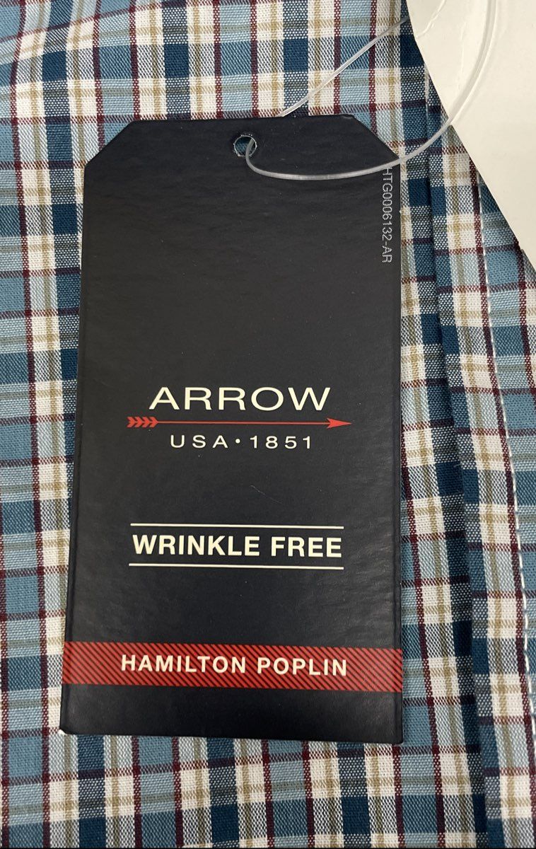 Arrow Men's Plaid Button Down Shirt Storm Blue Hamilton Poplin Wrinkle Free SzXL