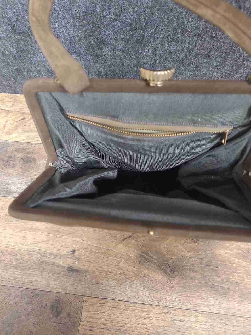Vintage 1950s Brown Suede Leather Stripe Top Handle Frame Bag Handbag