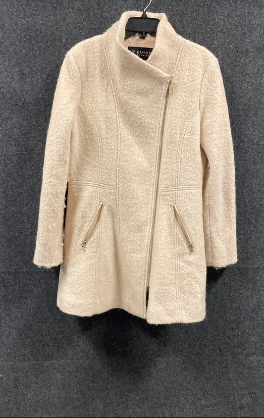 Guess Los Angeles Women's Ivory Wool Blend Asymmetrical Zip Boucle Textured Coat
