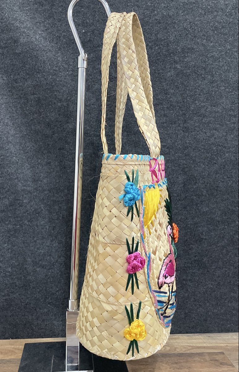Vintage 80s B.E.M. Wood Design Bahamas Straw Tote Bag Flamingo Palm Tree COA