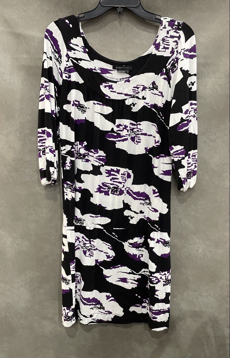 BCBG Max Azria Women's Purple Black White Abstract Floral Tunic Top Size L