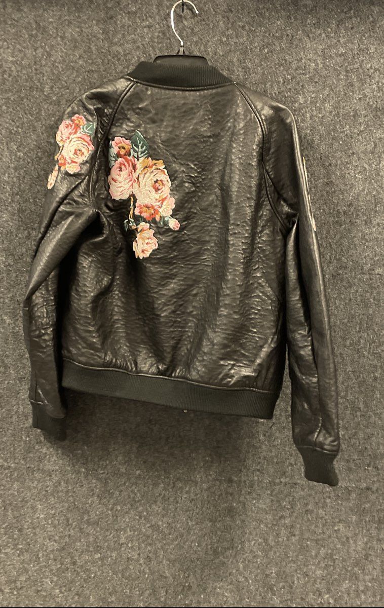 Joe's Women's Black Faux Leather Floral Rose Embroidery Bomber Jacket Sz M