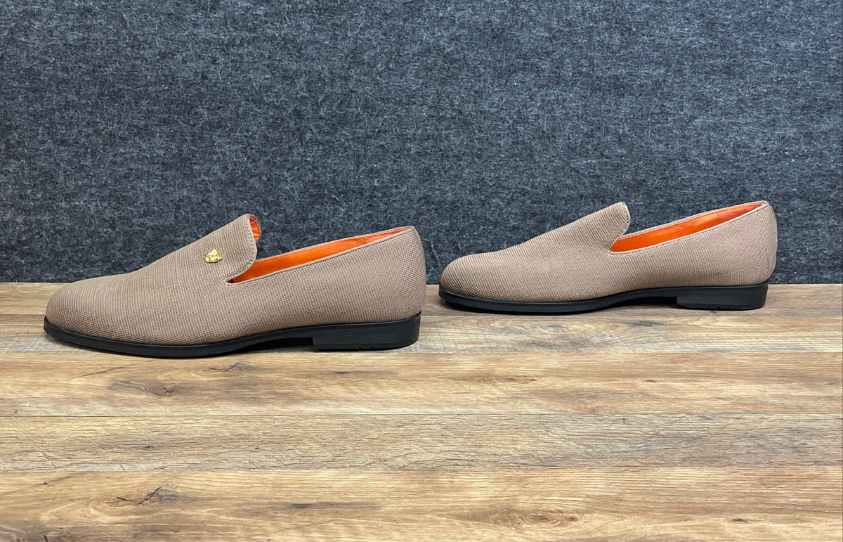 Foevtrue Taupe Woven Textile Slip-On Loafers Gold Jaguar Head Size 48