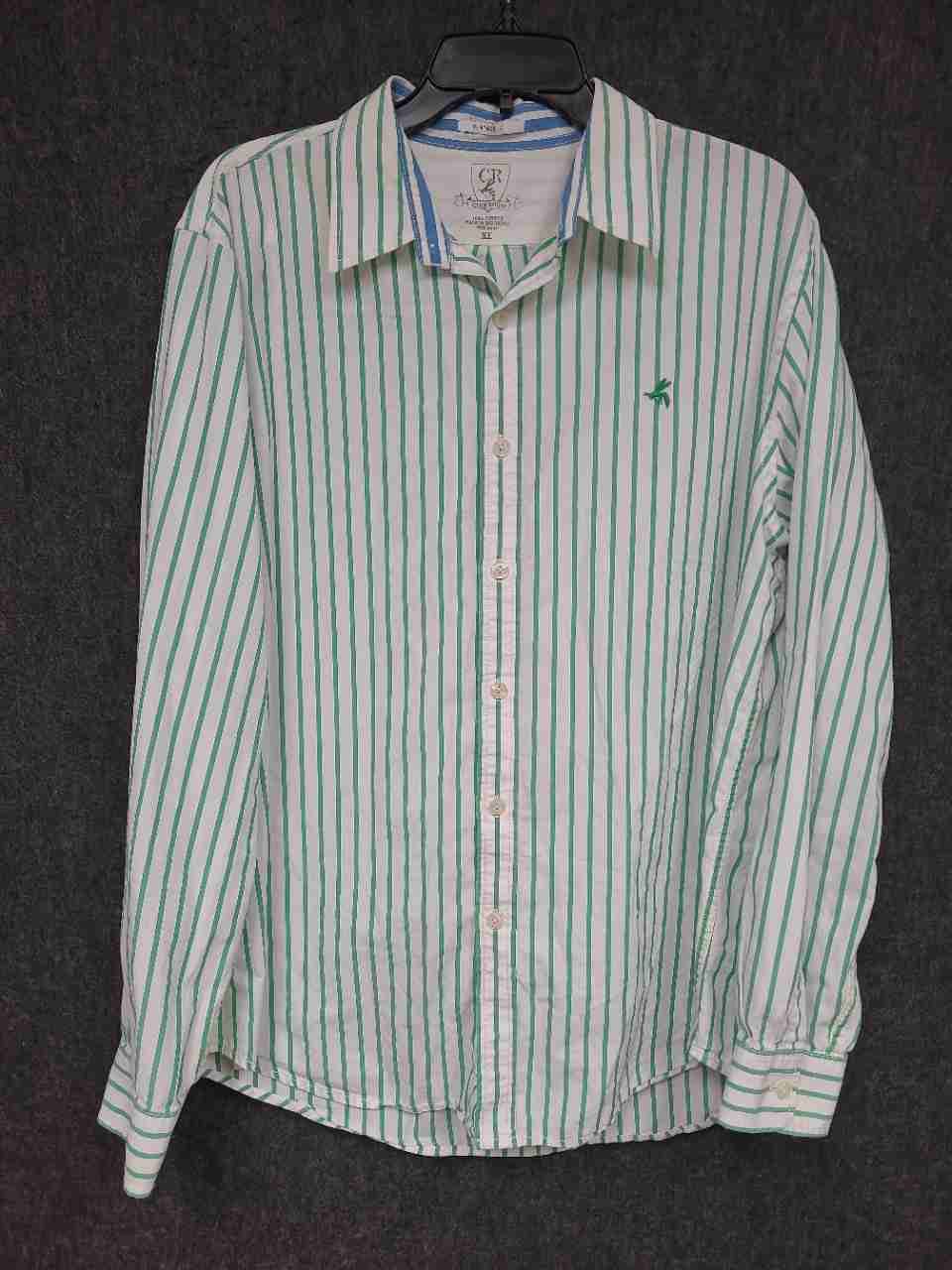 Club Room Men's Long Sleeve Button Down Shirt Green White Stripe Vintage Fit XL