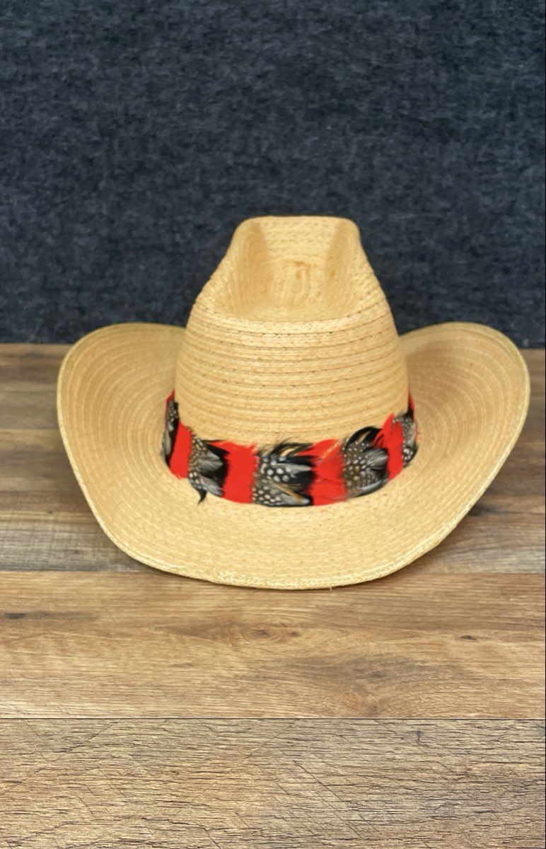 Unisex Tan Woven Straw Western Cowboy Hat Red Black Feather Hatband