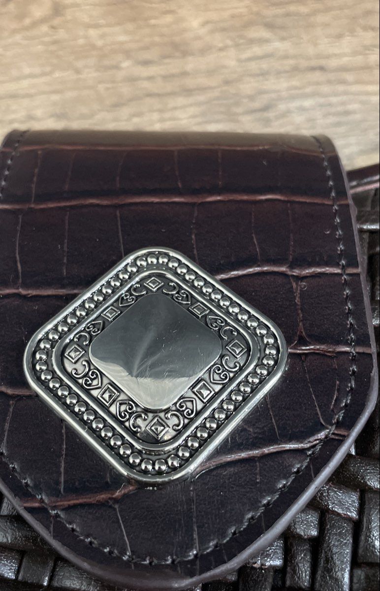 Coldwater Creek Brown Woven Leather Hobo Bag Croc Trim Silver Heart Medallion
