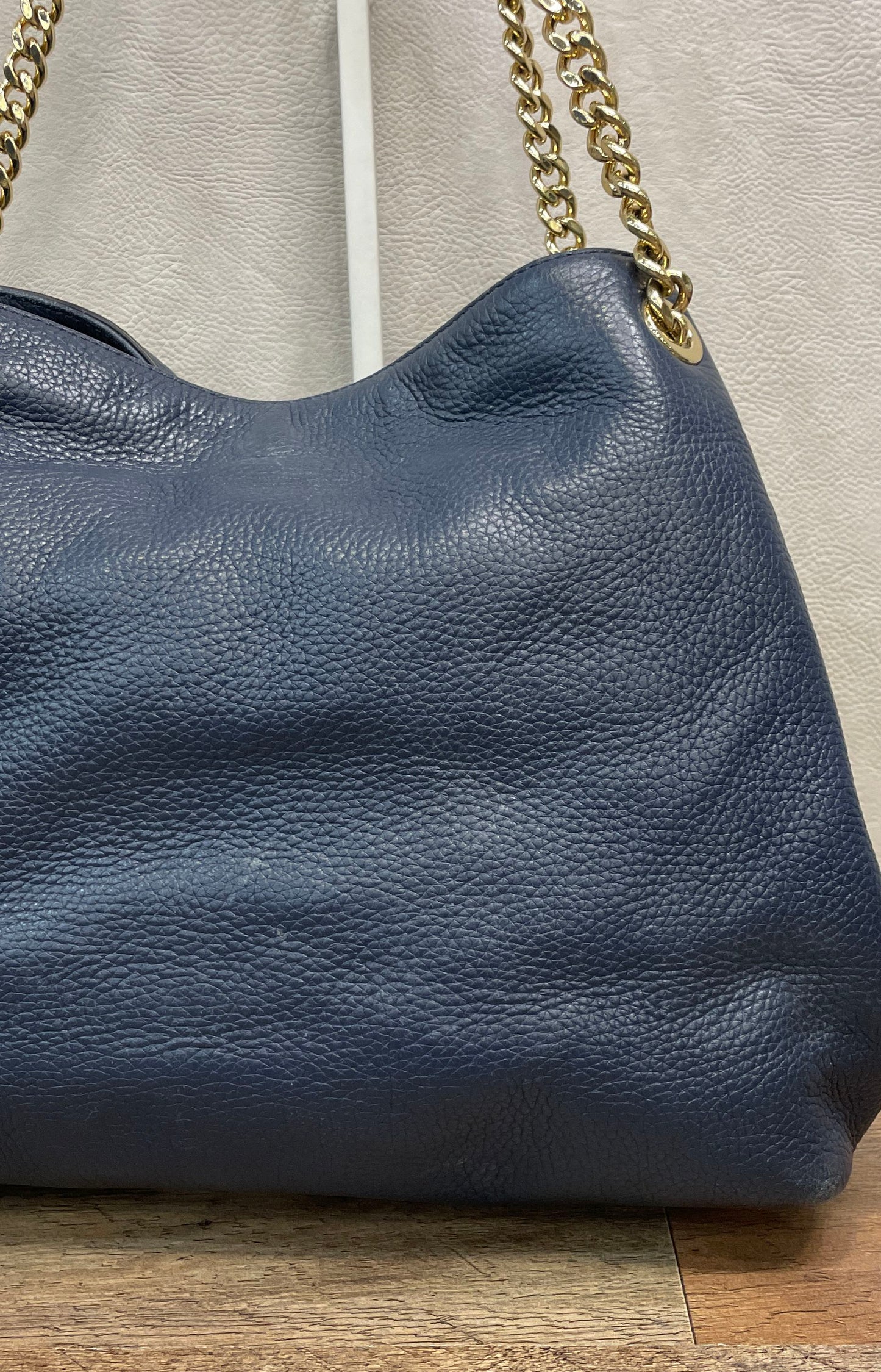 Michael Kors Navy Blue Pebbled Leather Chain Hobo Shoulder Bag Gold Hardware