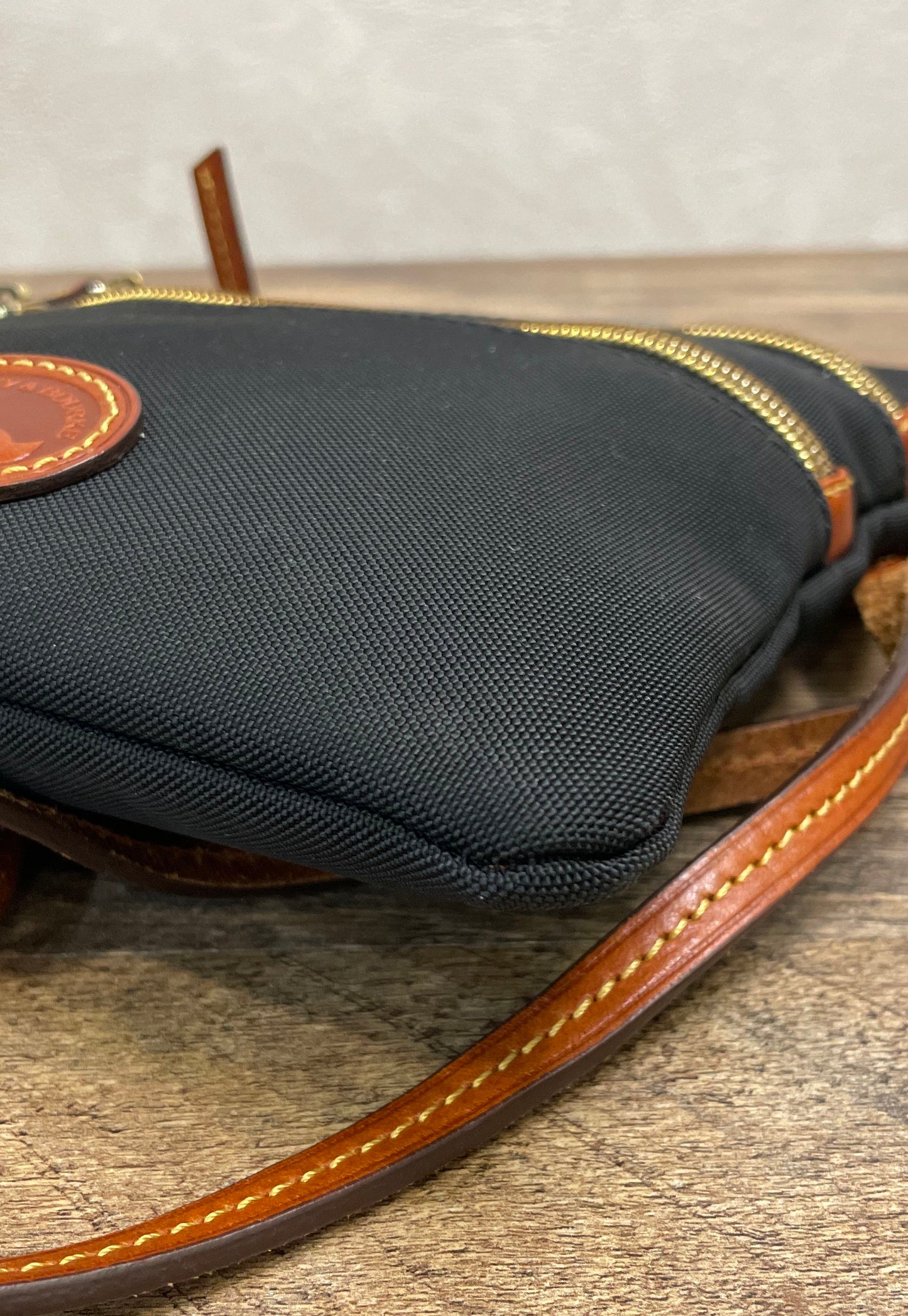 Dooney & Bourke Black Canvas Triple Zip Crossbody Bag Brown Leather Trim
