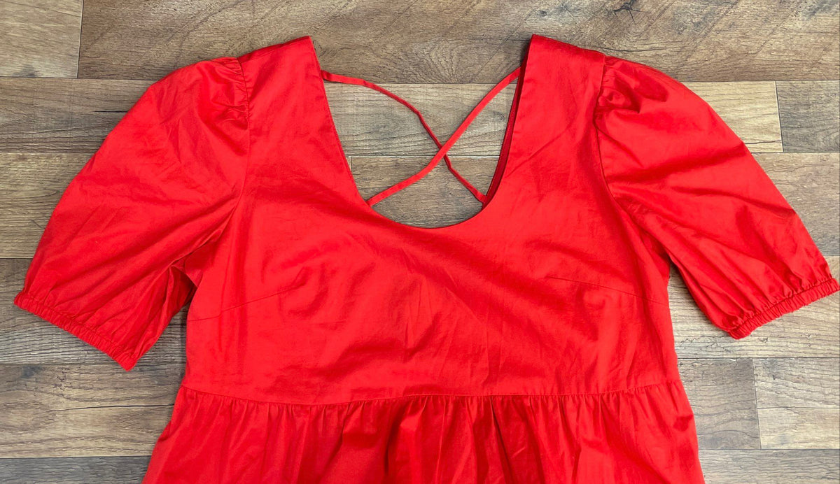 Donna Morgan Women's Red Pleated Babydoll Tiered Dress Criss Cross Back Sz 12P