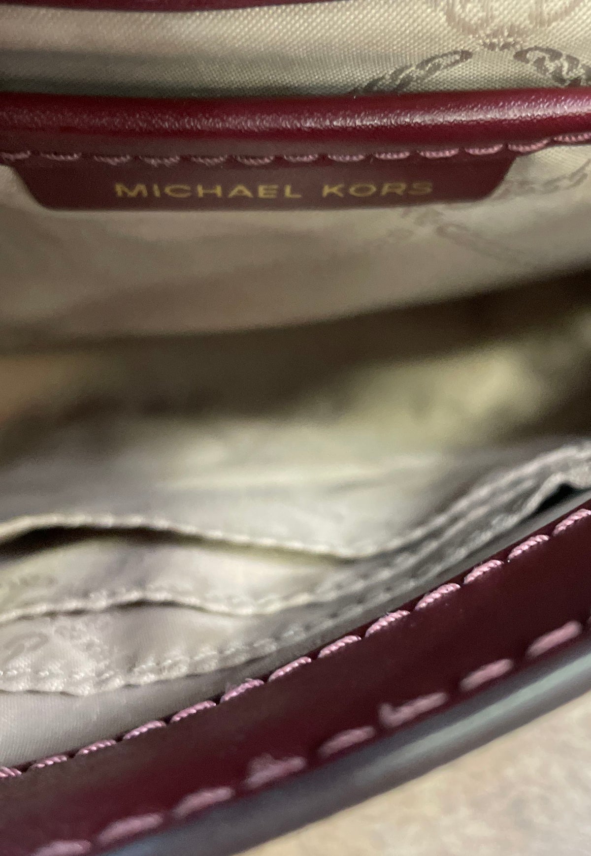 Michael Kors Maroon Brown Pink Signature Monogram Leather Crossbody Bag