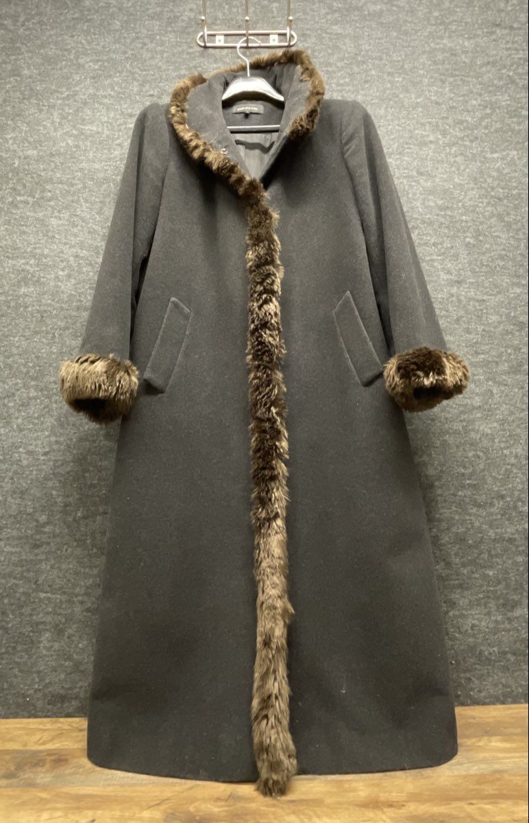 Jones New York Women's Black Long Overcoat Faux Fur Trim Snap Closure Size 10