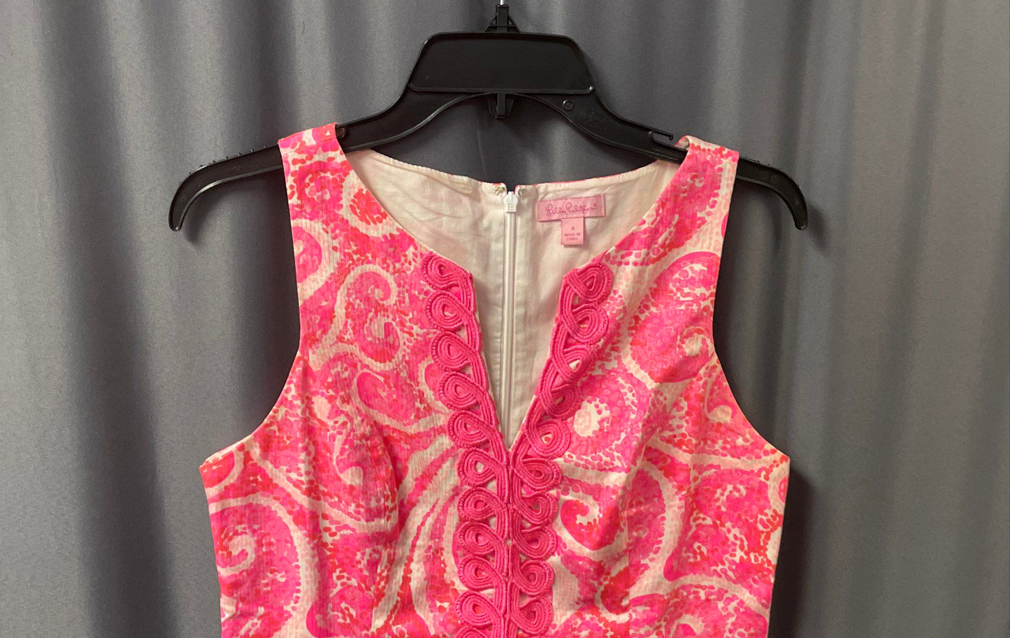 Lilly Pulitzer Women's Pink Paisley Pin V-Front Dress Soutache Trim Sz 4