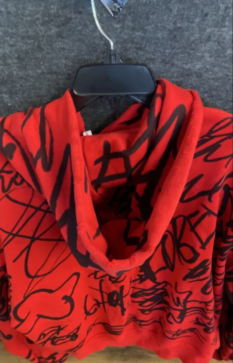 Men's Red Graffiti Graphic Distressed Full Zip Hoodie Sweatshirt Size M