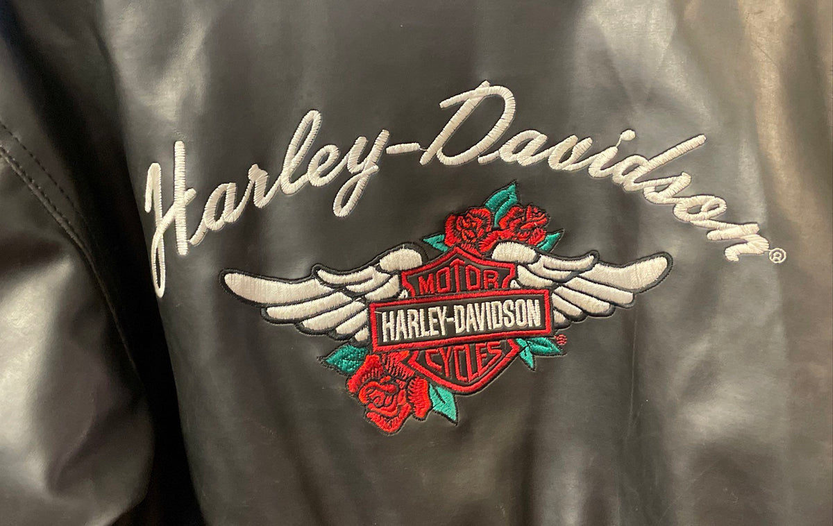 Vintage 90s Harley-Davidson Embroidered Rose Wing Moto Jacket Pleather Sz M