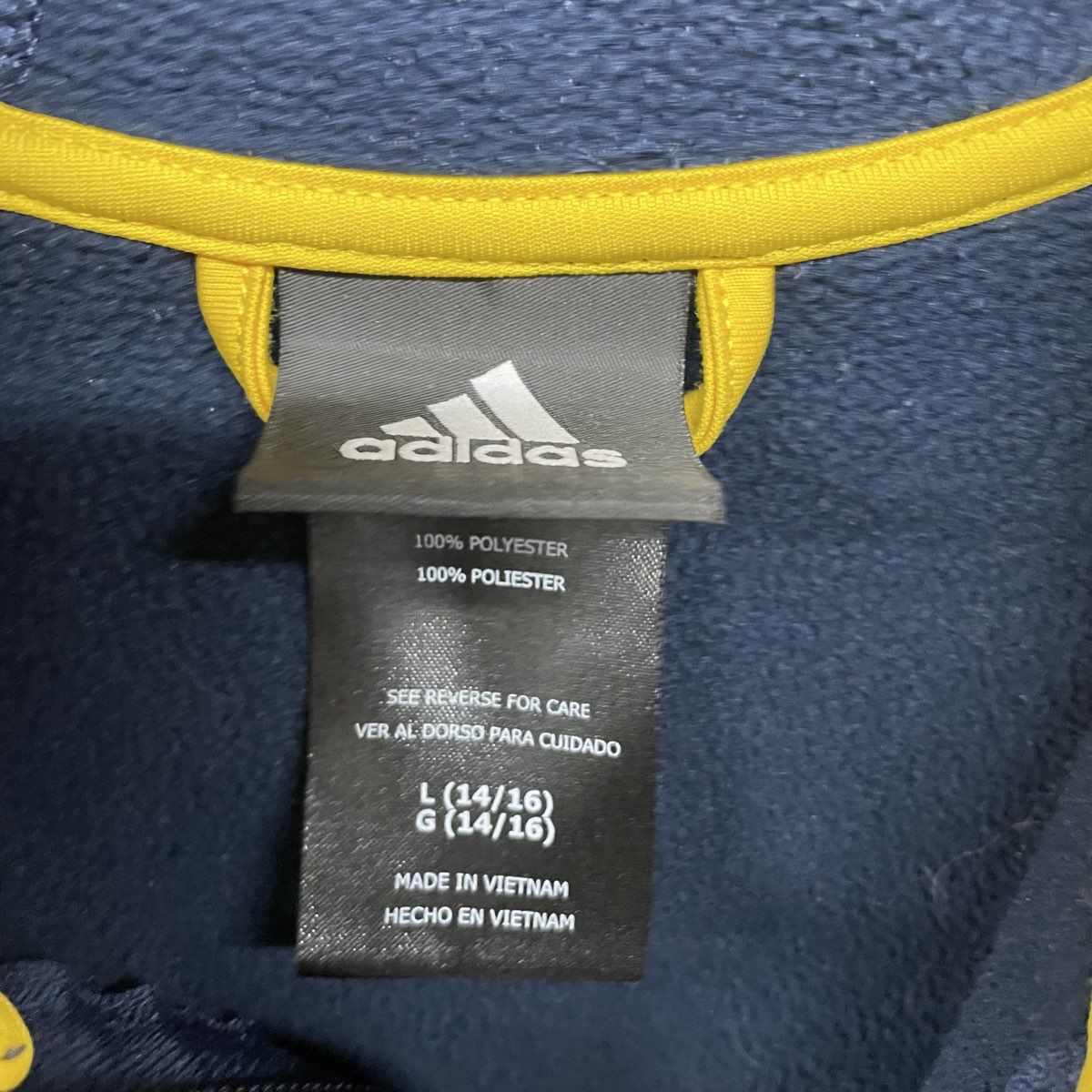 Adidas Youth Navy Blue Full Zip Hoodie Yellow Logo Contrast Hood Sz L 14/16