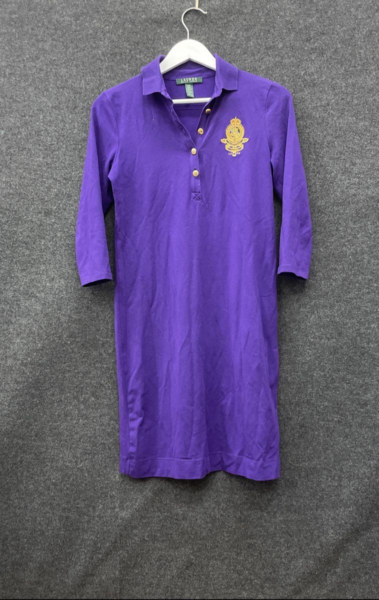 Lauren Ralph Lauren Women's Purple Knit Polo Dress Embroidered Gold Crest Sz S