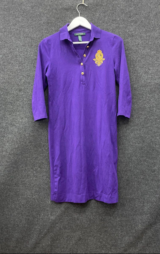 Lauren Ralph Lauren Women's Purple Knit Polo Dress Embroidered Gold Crest Sz S