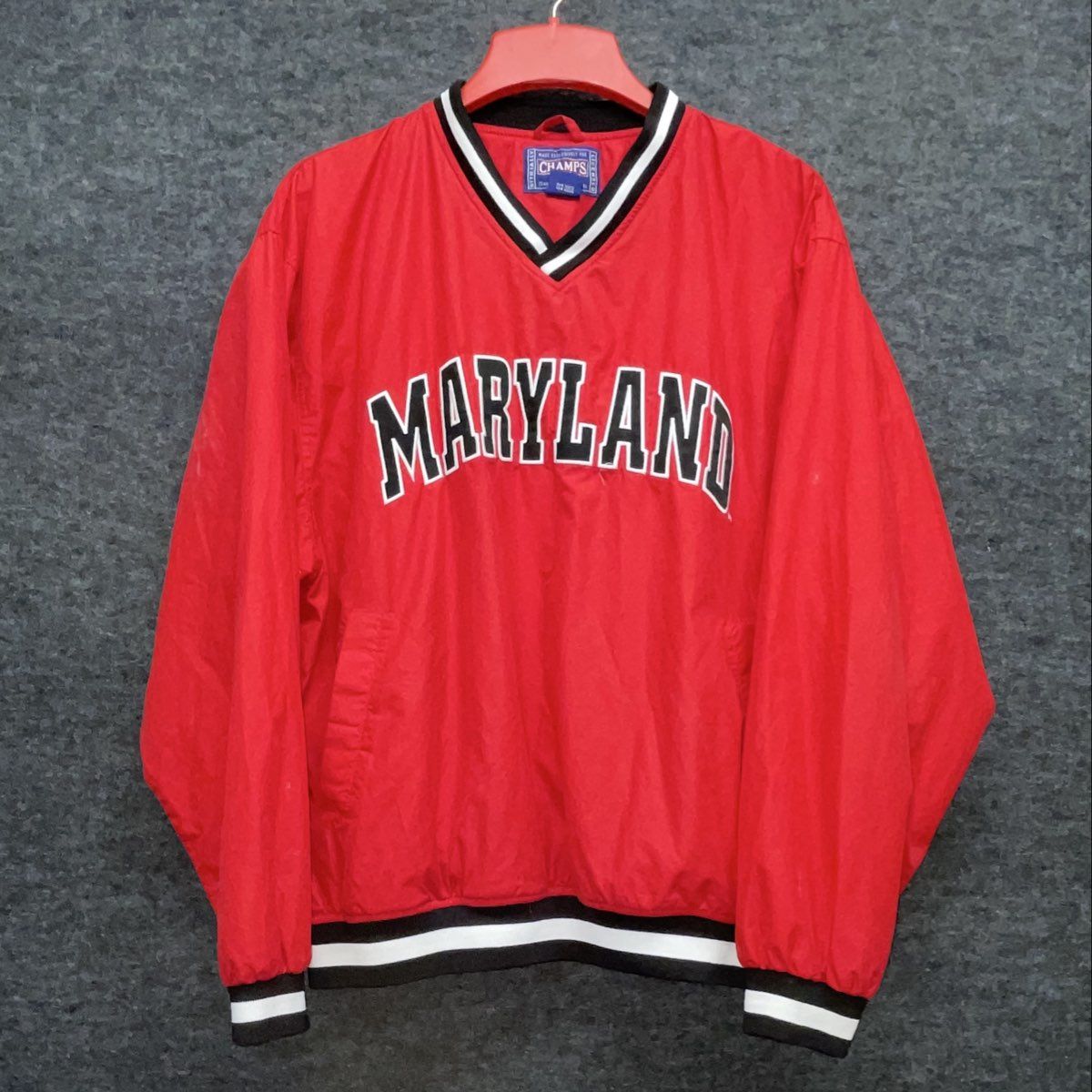 Vintage 90s Champs Sports Men's Maryland Windbreaker Red V-Neck Pullover Sz XL