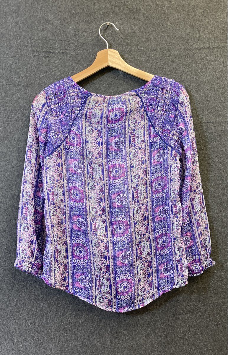 American Eagle Women's Paisley Blouse Purple Metallic Semi-Sheer Tassels Sz XS