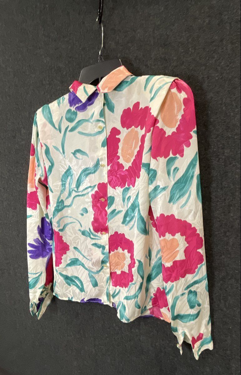 Vintage 80s Sonya Ratay for San Andre Women's Floral Button Back Blouse Sz S
