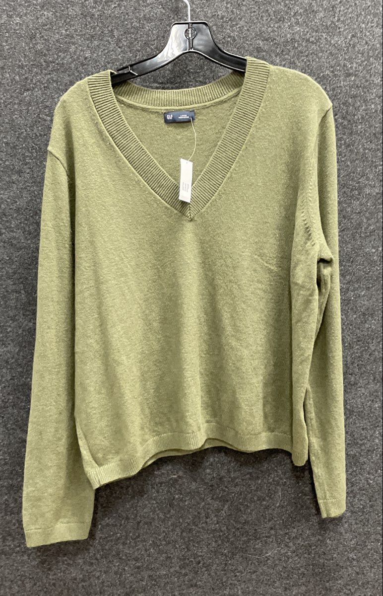 Gap Women's Olive Green V-Neck Cotton Blend Ribbed Knit Sweater Sz L NWT