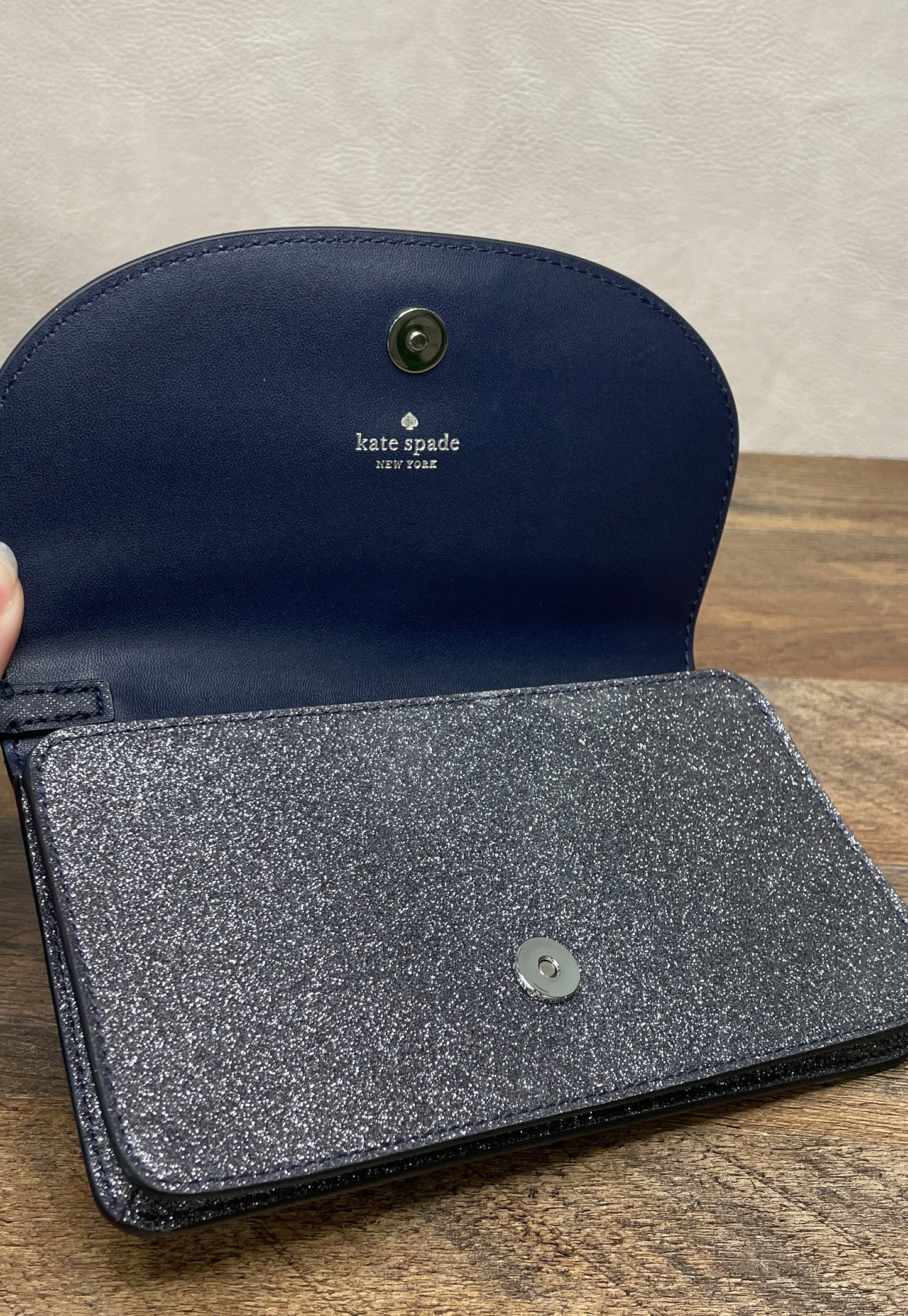 Kate Spade Silver Glitter Navy Blue Leather Trim Wristlet Clutch Bag