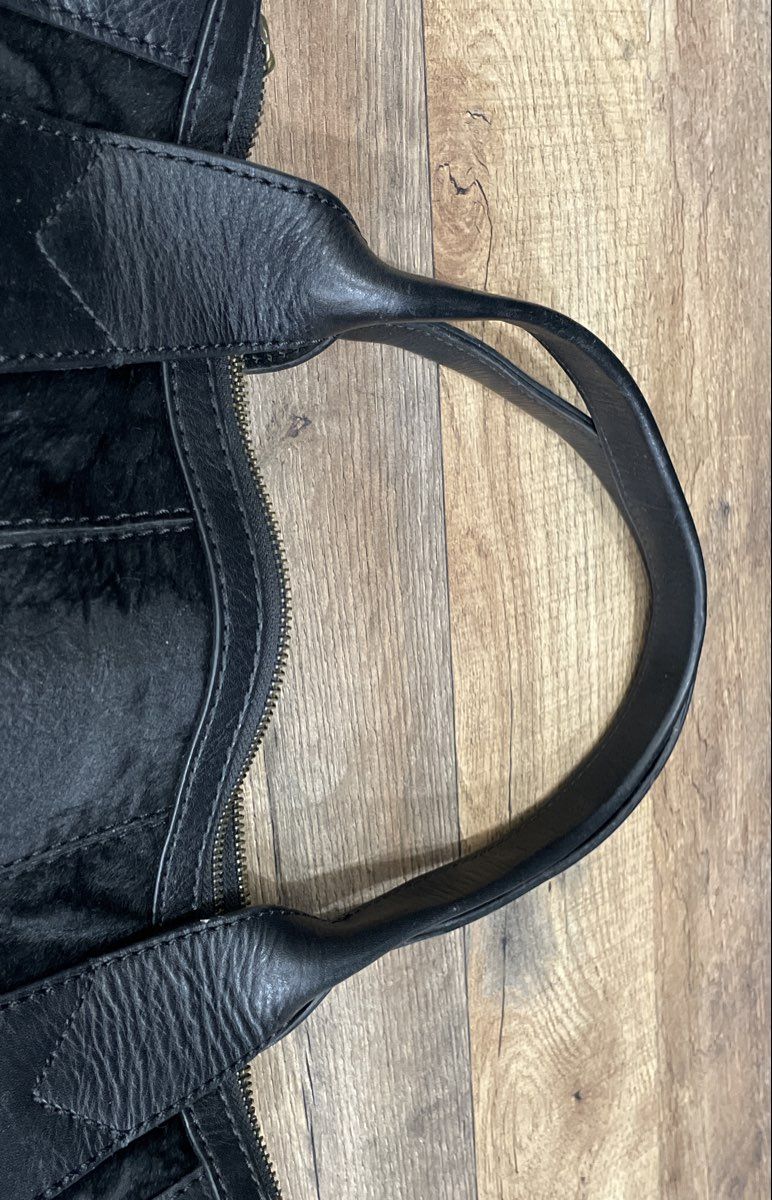 Fossil Black Leather Calf Hair Satchel Purse Gold Hardware Keyhole Plaque