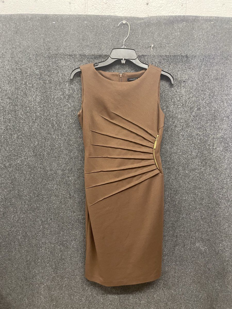 Ivanka Trump Women's Sleeveless Sheath Dress Brown Sunburst Pleated Sz 2
