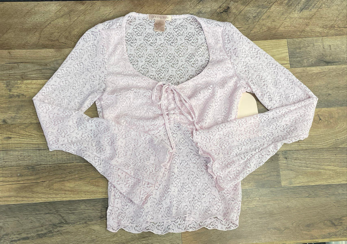 Coco & Shay Women's Pink Lace Long Sleeve Tie Front V-Neck Top Sz M NWT