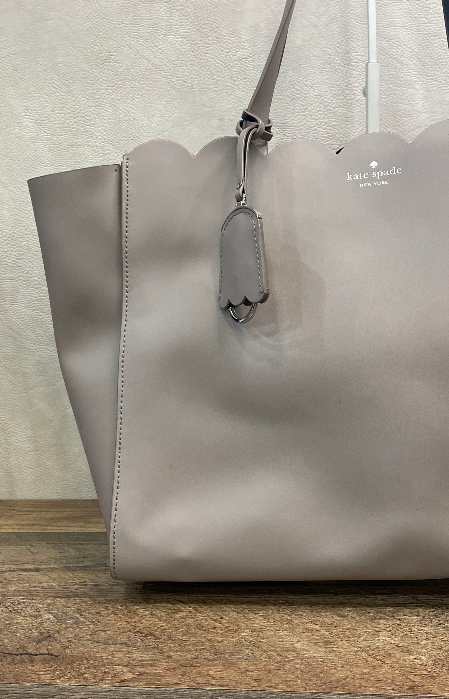 Kate Spade Gray Leather Scalloped Large Tote Bag Navy Interior Silver Hardware