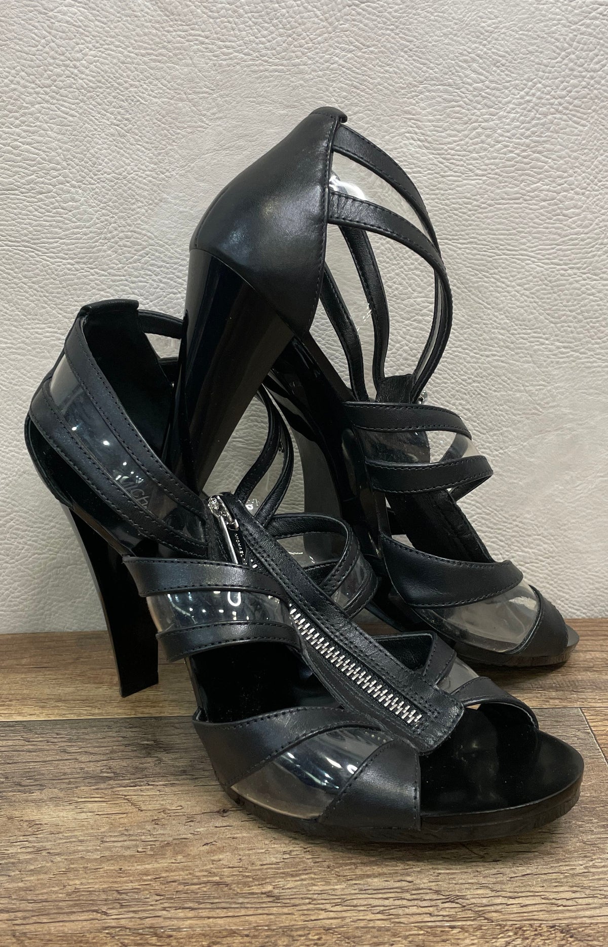Michael Kors Black Leather PVC Strappy Front Zip Heeled Sandals Size 8.5