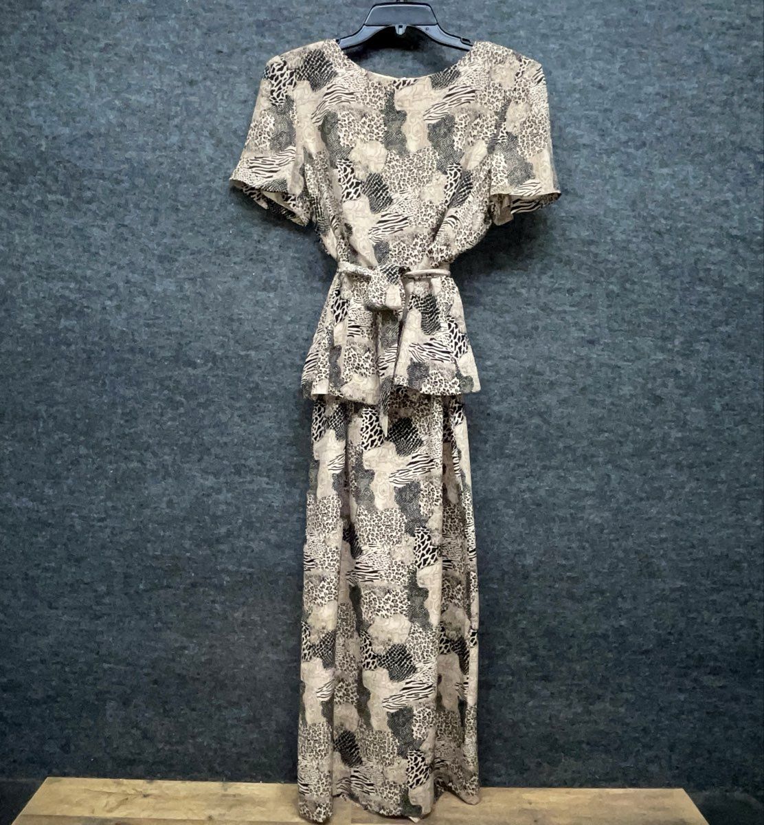 Vintage 90s Mixed Animal Print Peplum Maxi Dress Short Sleeve Back Slit Sz M