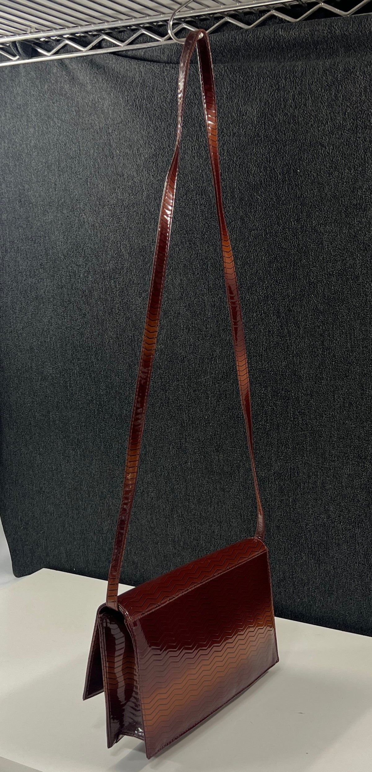 Vintage Brown Ombre Zigzag Embossed Patent Shoulder Bag Rectangular Purse