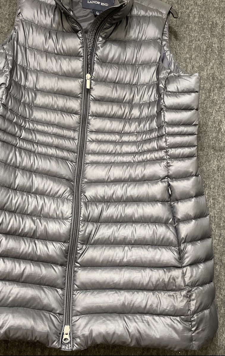 Lands' End Girls Down Puffer Vest Metallic Gray Quilted Full Zip Sz L 14-16