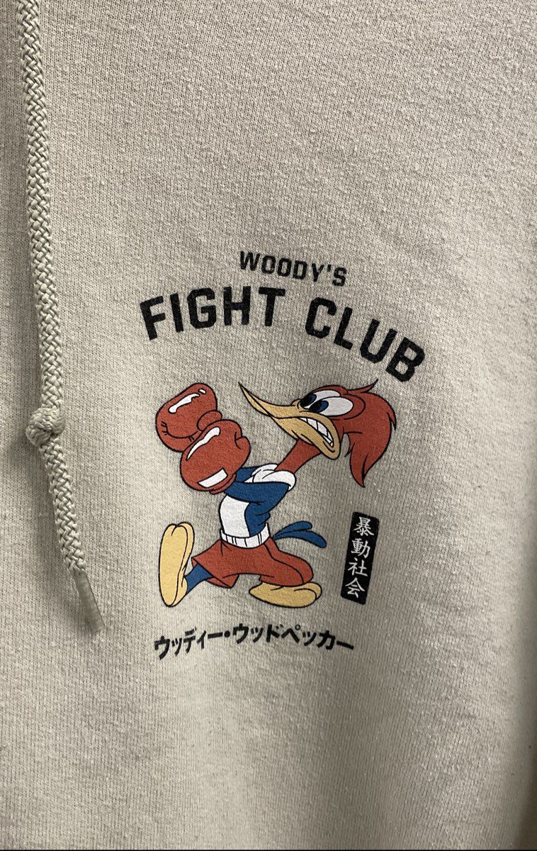 Riot Society Men's Woody's Fight Club Hoodie Cream Graphic Woody Woodpecker Sz M