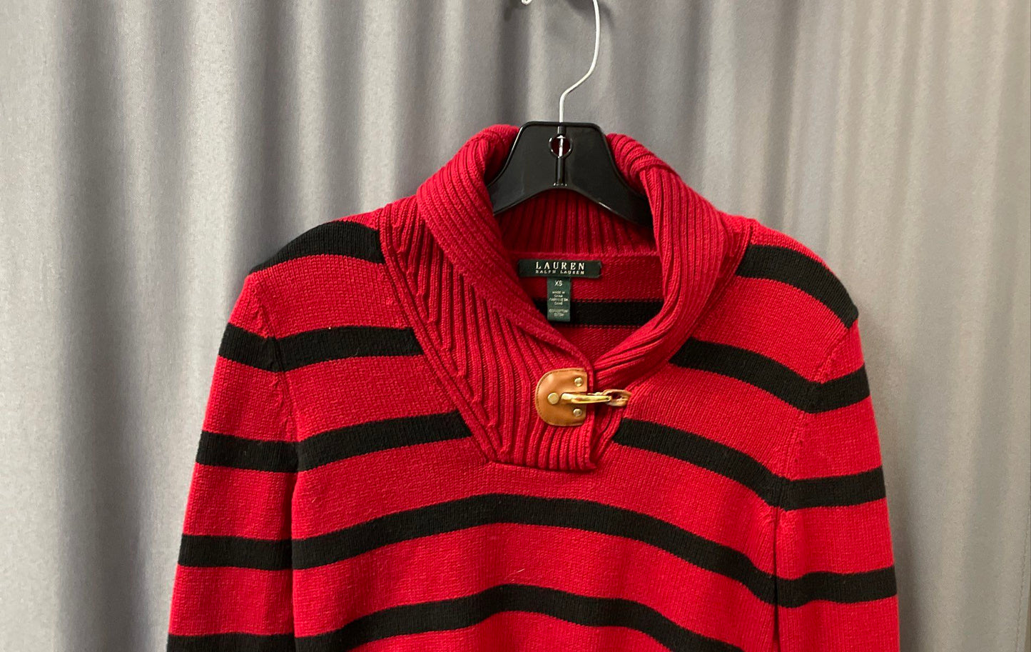 Lauren Ralph Lauren Women's Red Black Striped Shawl Collar Toggle Sweater Sz XS