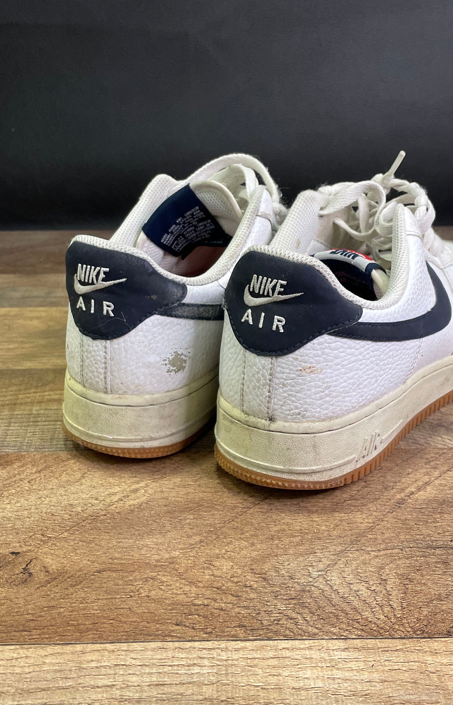 Nike Air Force 1 Low White Navy Blue Gum Sole Sneakers Size 8.5