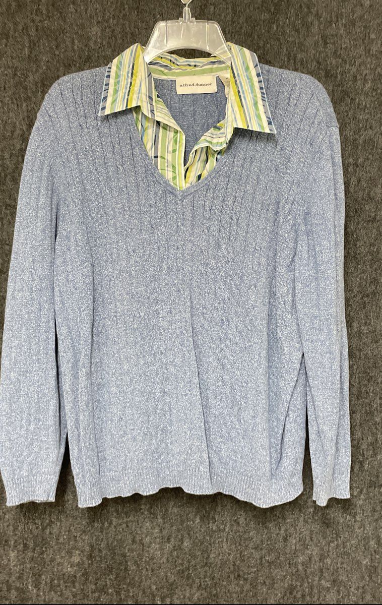 Alfred Dunner Women's Blue Cable Knit V-Neck Mock Collar Sweater Sz XL