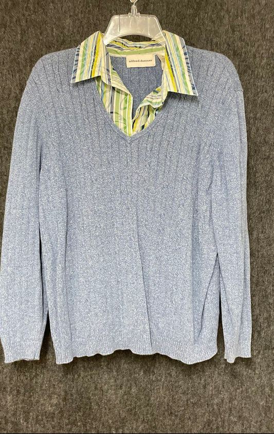 Alfred Dunner Women's Blue Cable Knit V-Neck Mock Collar Sweater Sz XL