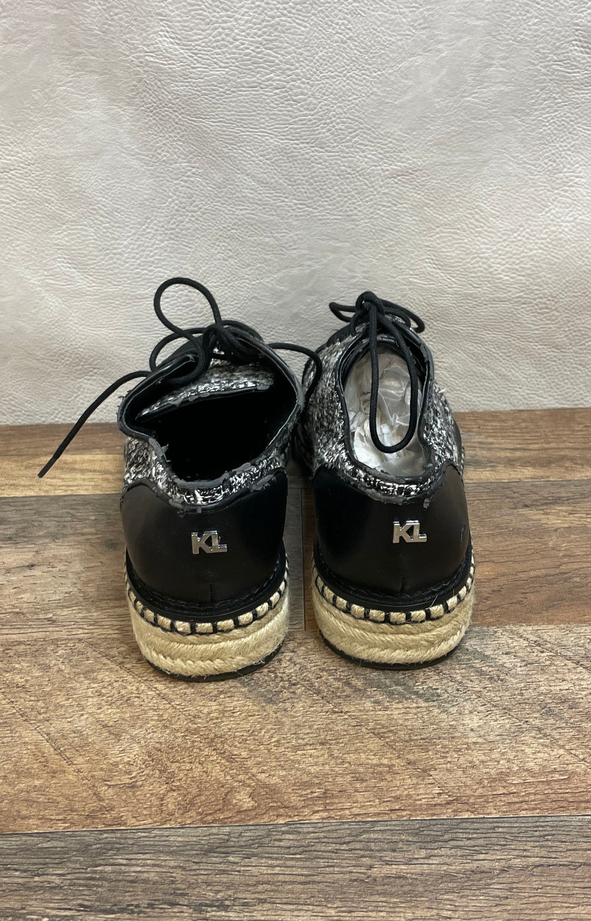 Karl Lagerfeld Lena Black White Tweed Espadrille Platform Sneakers Size 8